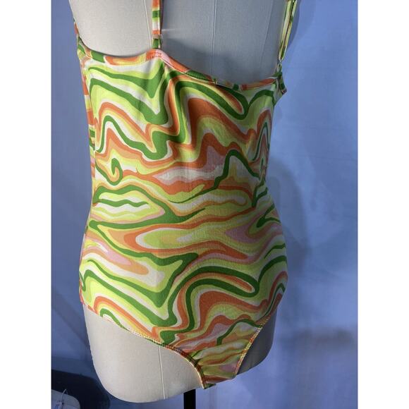New Mod Psychedelic Bodysuit Orange Yellow Green Marbled Rue21 Womens Juniors L - Picture 5 of 8